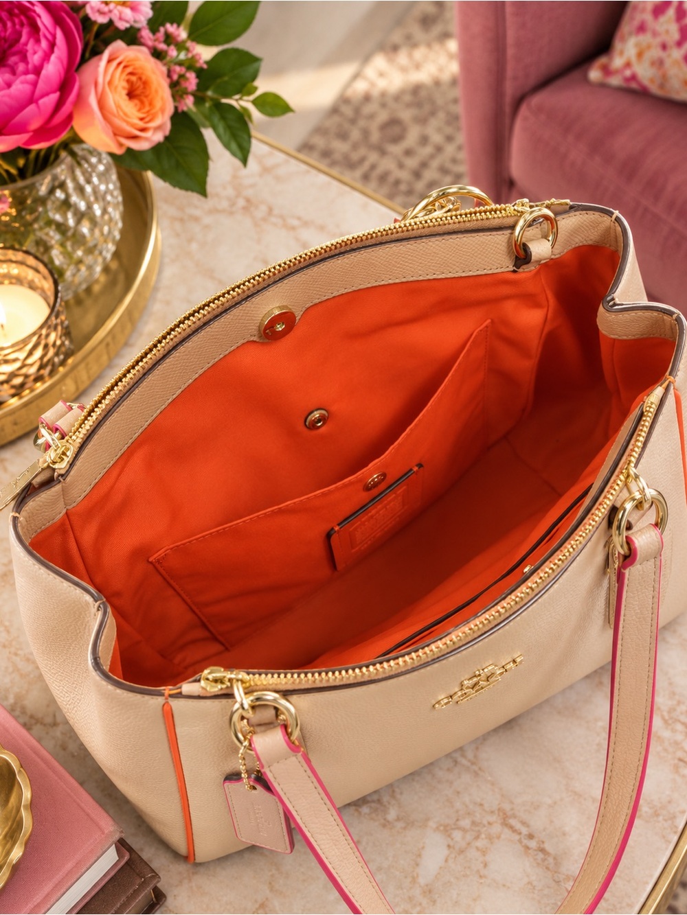 *SOLD* COACH Christie Carryall Crossgrain Leather Beige Pink & Orange Trim - Picture 9 of 10